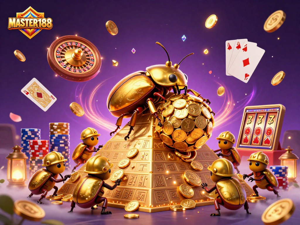 Experience the excitement of MASTER188 with golden beetles rolling coins and casino elements in a vivid 3D scene.