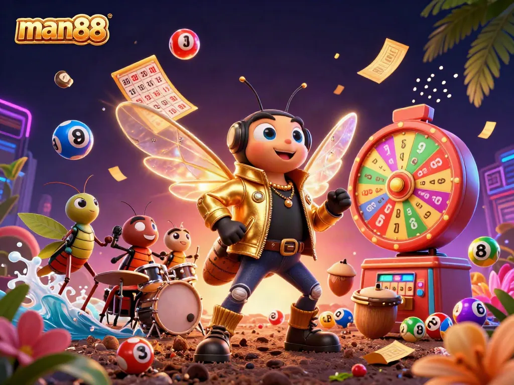 Experience thrilling wins at man88 with a vibrant 3D casino scene showcasing lottery games and characters in action.