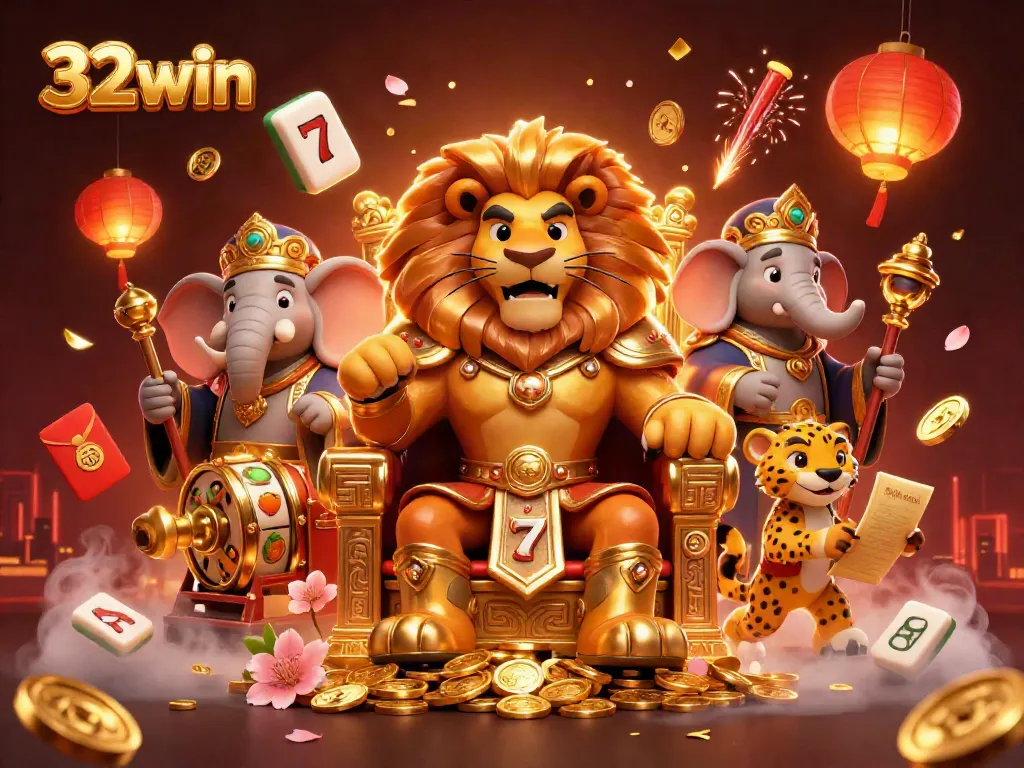 Experience thrilling gameplay with 32win's vibrant 3D casino scene featuring majestic characters.