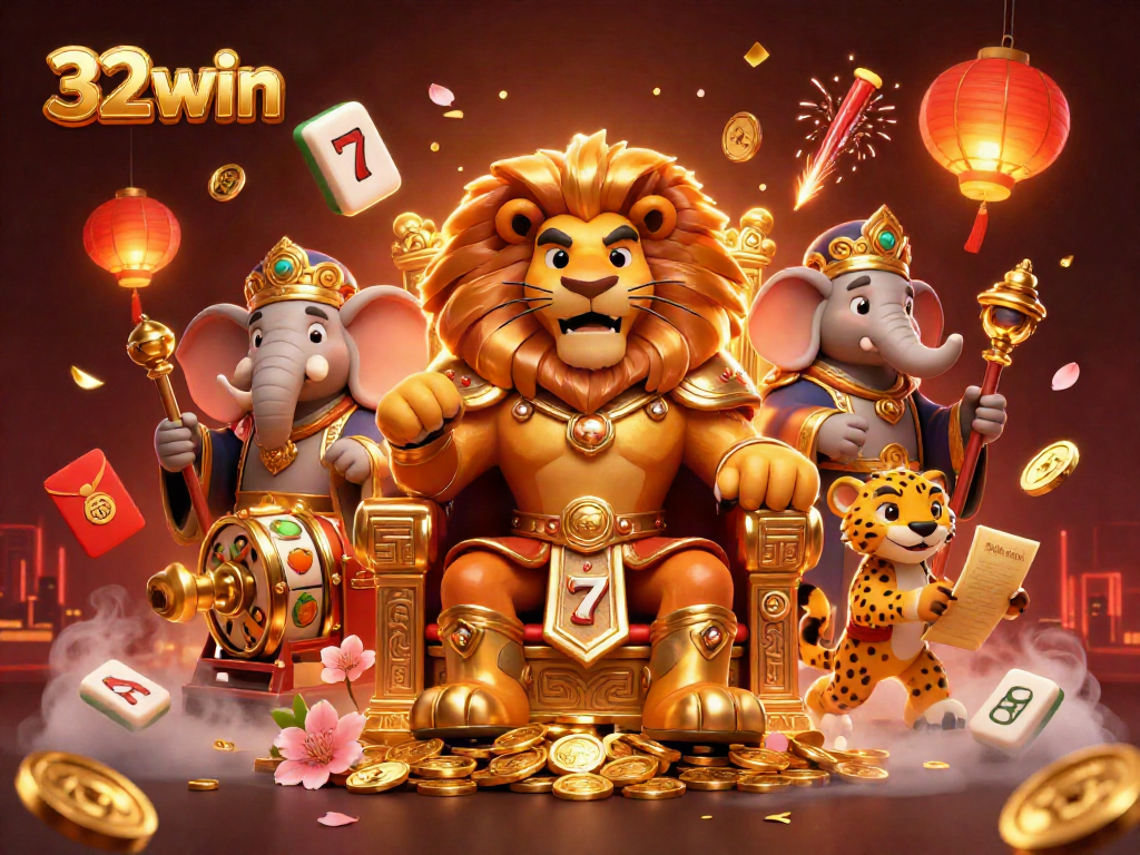 Experience thrilling gameplay with 32win's vibrant 3D casino scene featuring majestic characters.
