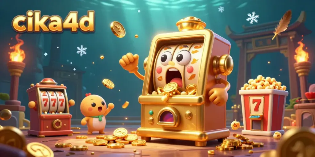 Experience the excitement of cika4d with a chaotic slot machine jackpot scene pouring out coins.