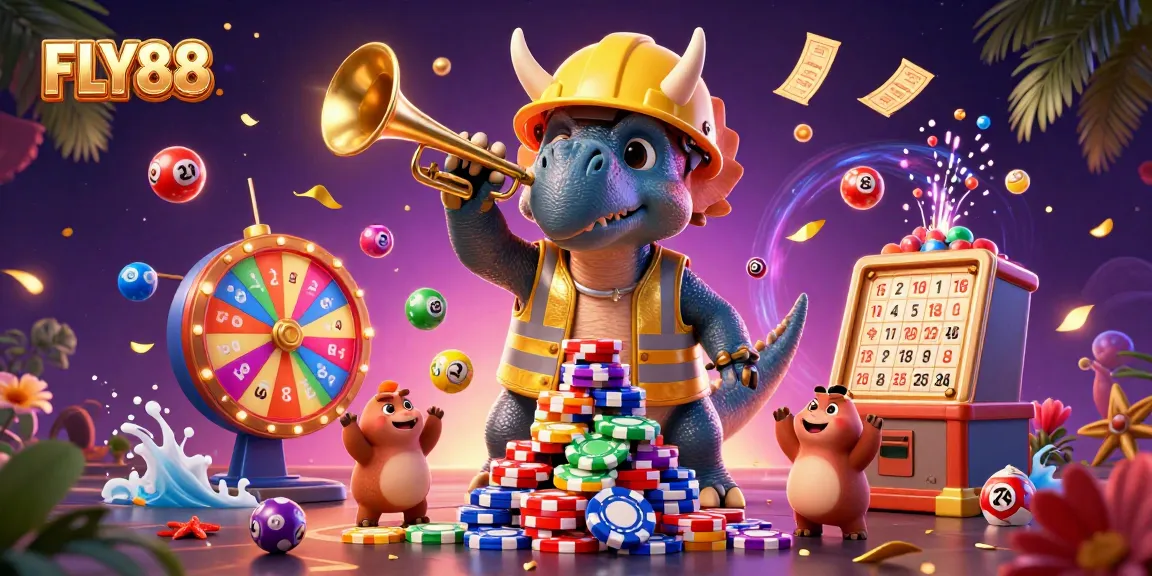 Experience exciting gameplay with FLY88, featuring a triceratops and a parade of casino elements in vibrant celebration.