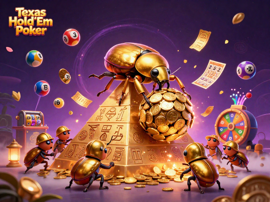 Experience Texas Hold'em Poker excitement with a golden dung beetle and coins amidst vibrant casino elements.