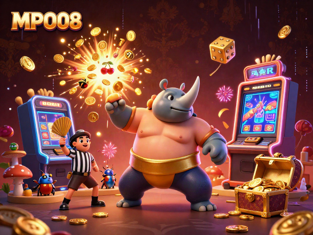 MPO08 brings excitement with a cartoon rhinoceros beetle champion and jackpot delight in a vibrant online gaming scene.