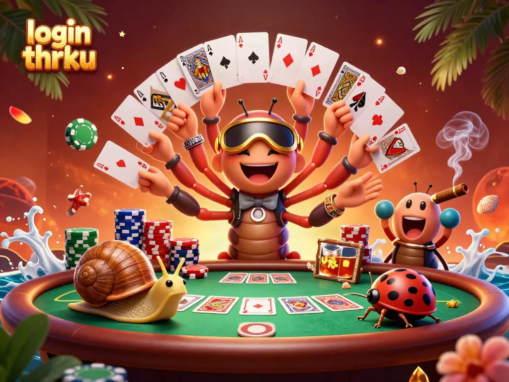 Experience the thrill of login thrku with a vibrant 3D casino scene featuring engaging characters and exciting cards.