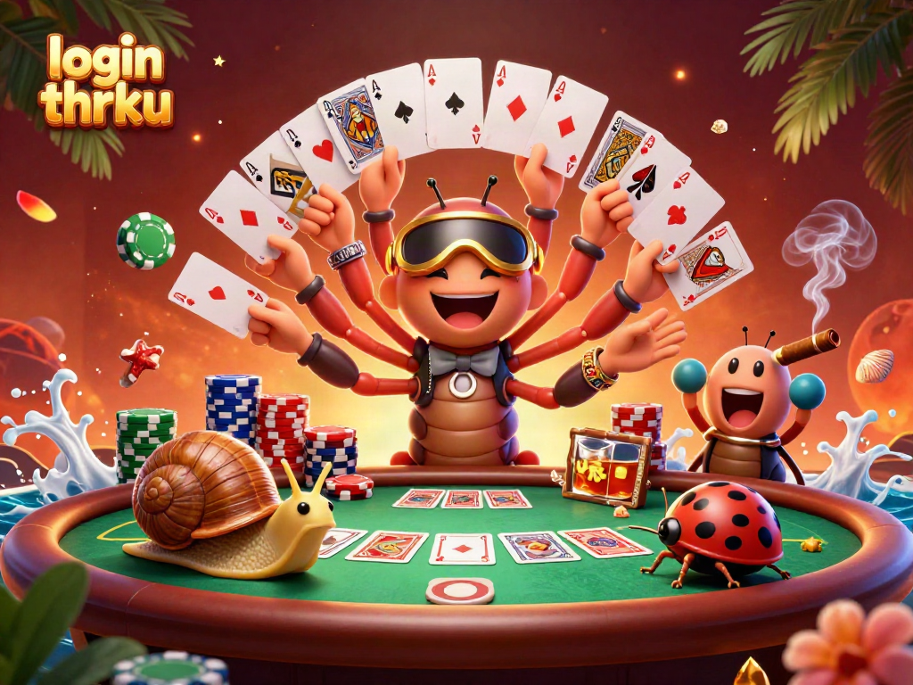 Experience the thrill of login thrku with a vibrant 3D casino scene featuring engaging characters and exciting cards.