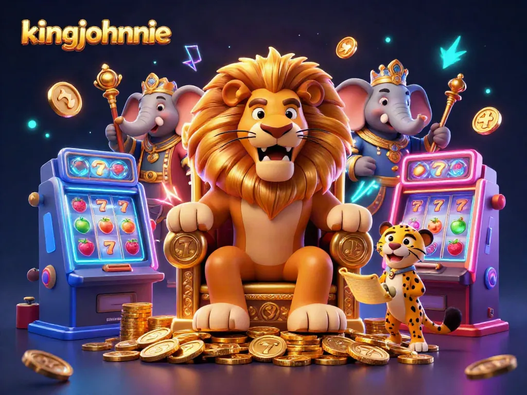 Play slots and win with kingjohnnie in a vibrant 3D casino scene featuring characters and vivid gaming elements.