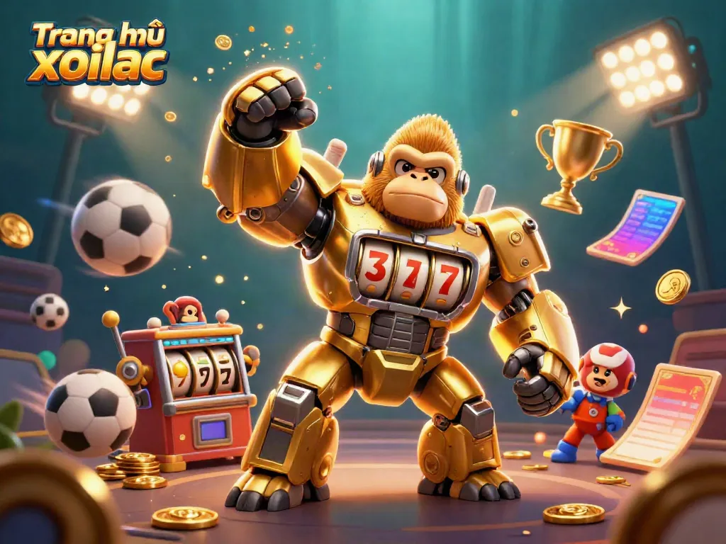 Engage in thrilling gaming action on Trang chủ xoilac with dynamic casino-themed scenes featuring golden gorilla mech.
