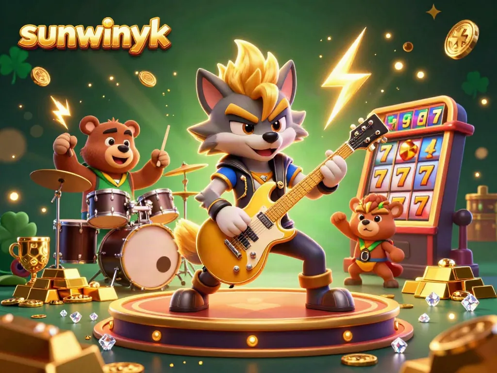 Experience the excitement of sunwinyk casino with a rock star wolf shredding on stage alongside a drummer bear amidst dazzling slots.