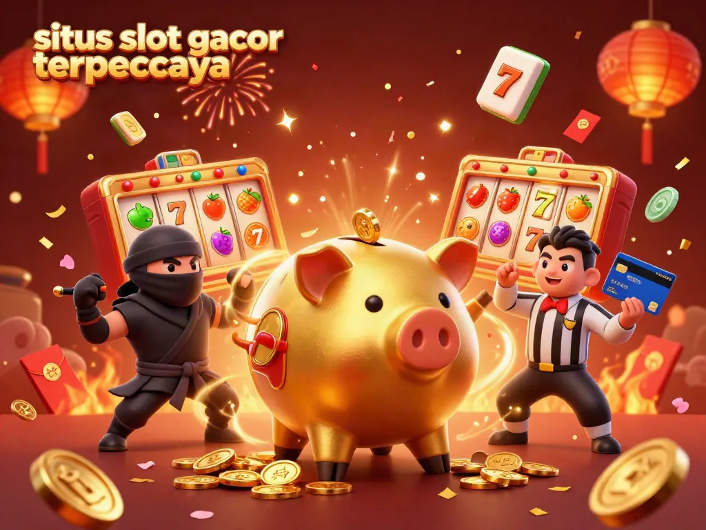 Action-packed scene featuring situs slot gacor terpercaya with a golden piggy bank sumo wrestler, wallet ninja, and credit card samurai amidst spinning slot reels.