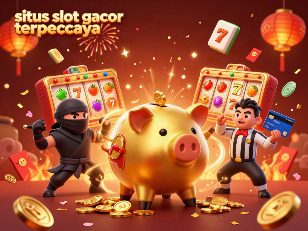 Action-packed scene featuring situs slot gacor terpercaya with a golden piggy bank sumo wrestler, wallet ninja, and credit card samurai amidst spinning slot reels.