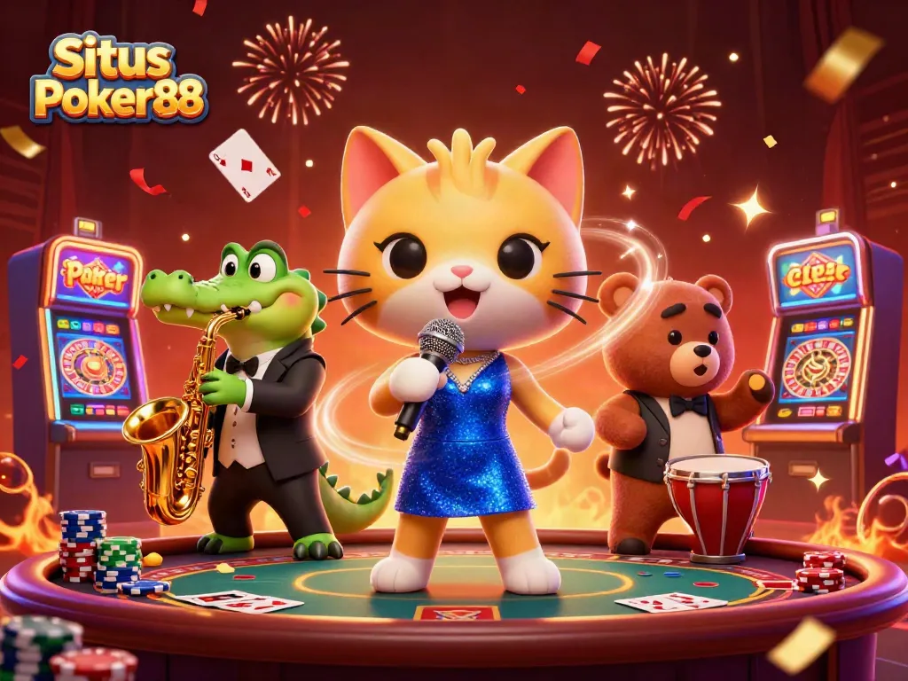 Situs Poker88 brings thrilling poker action to life in a vibrant casino scene with cartoon characters and game elements.