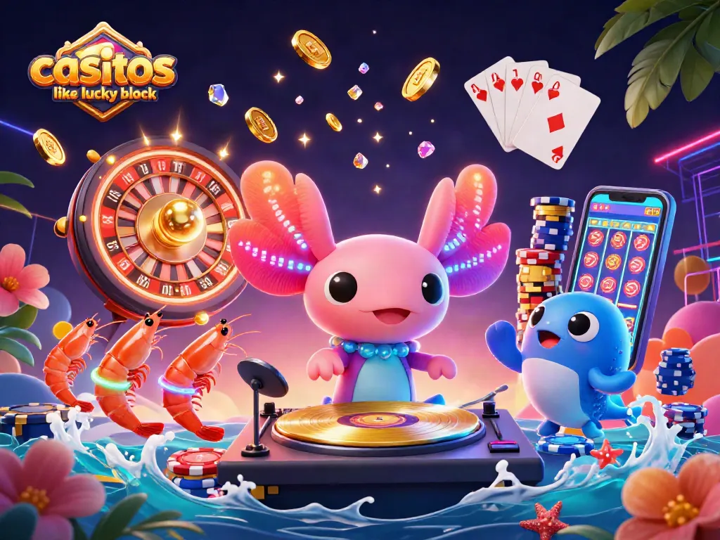 Spin and win at crypto casinos like Lucky Block with vibrant gaming elements and lively sea creatures.