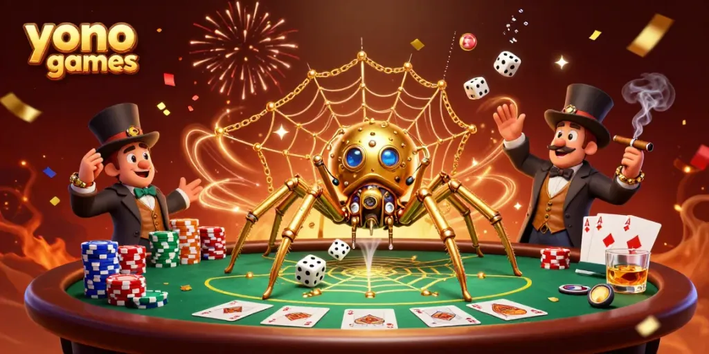 Engage in exciting gameplay with Yono Games, featuring a vibrant steampunk spider catching dice and poker elements.
