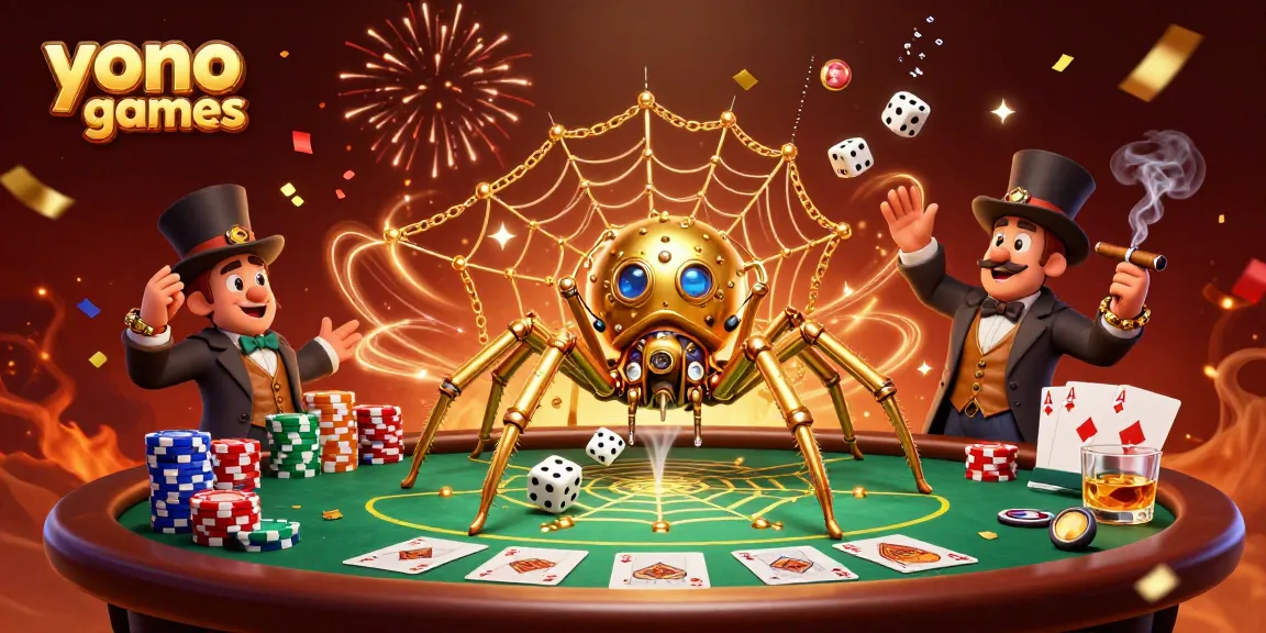 Engage in exciting gameplay with Yono Games, featuring a vibrant steampunk spider catching dice and poker elements.