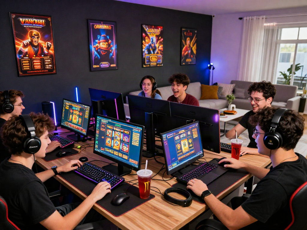 Playful group enjoying bandar slot games at a lively gaming setup.