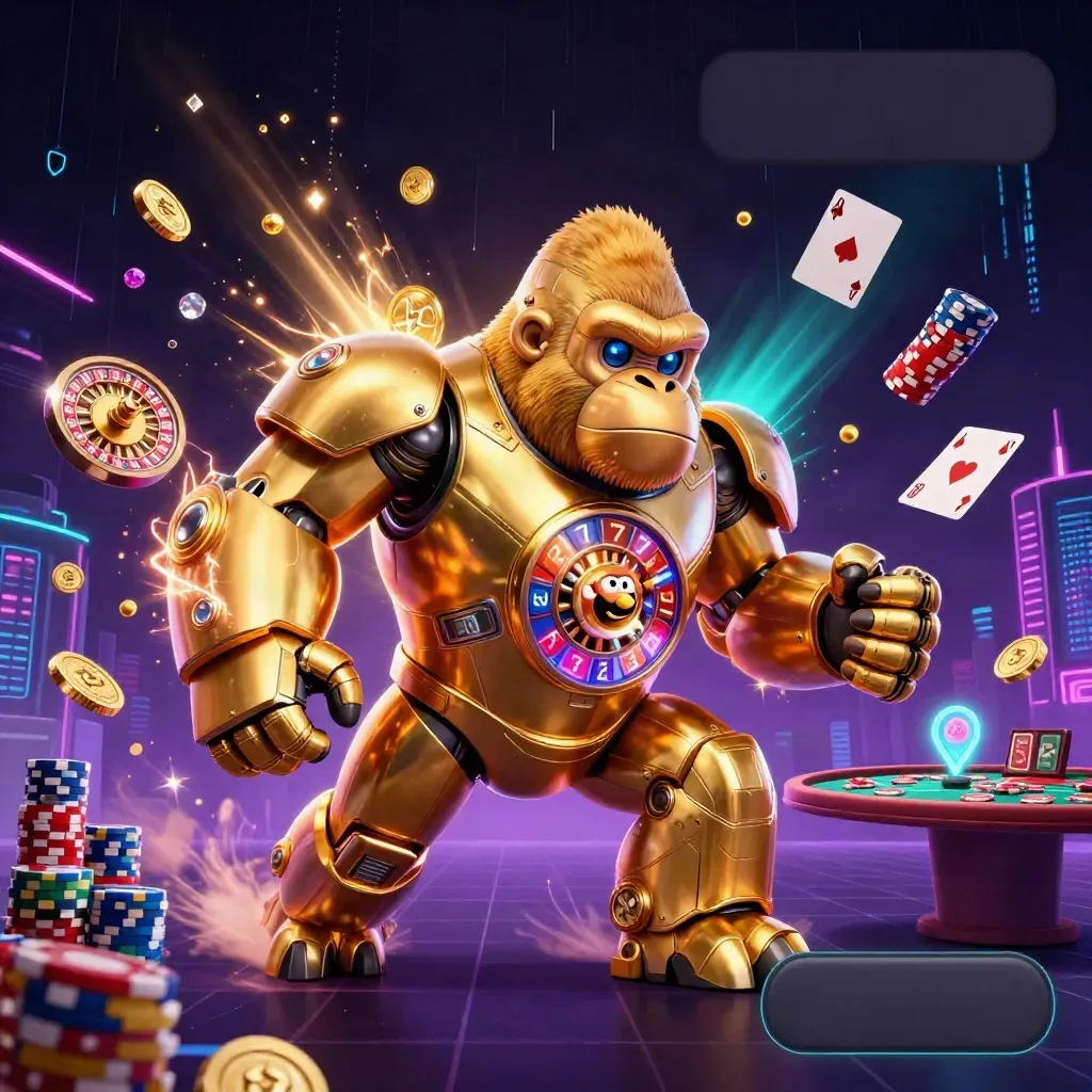 Golden gorilla mech with monkey pilot, flying coins, roulette, cards, chips, and neon casino glow.