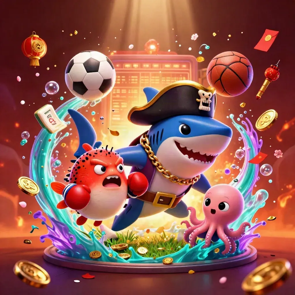 Pirate shark, pufferfish and octopus amid flying balls, coins and neon casino effects.