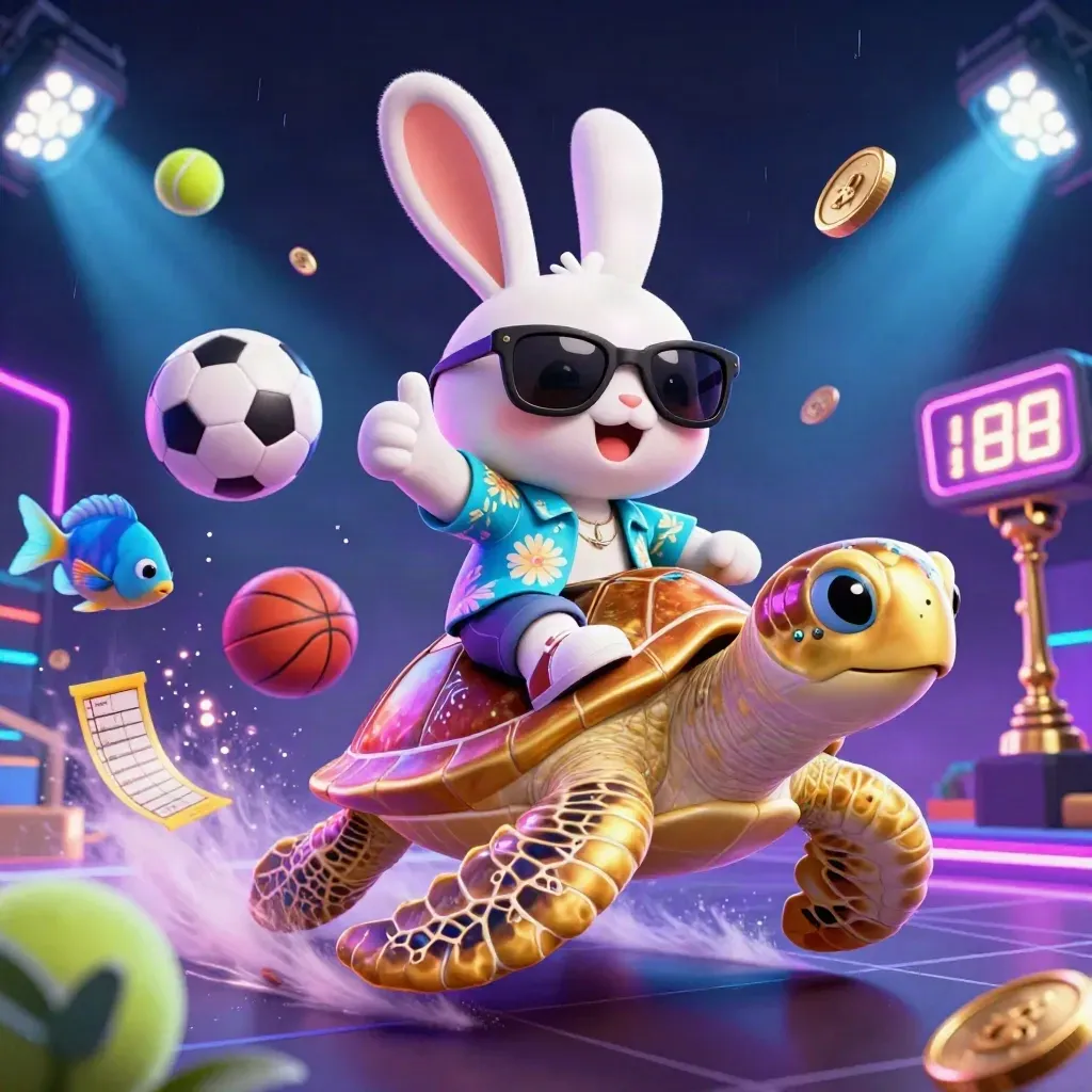 Lucky rabbit on a golden sea turtle amid flying sports balls, neon casino light, and gold coins