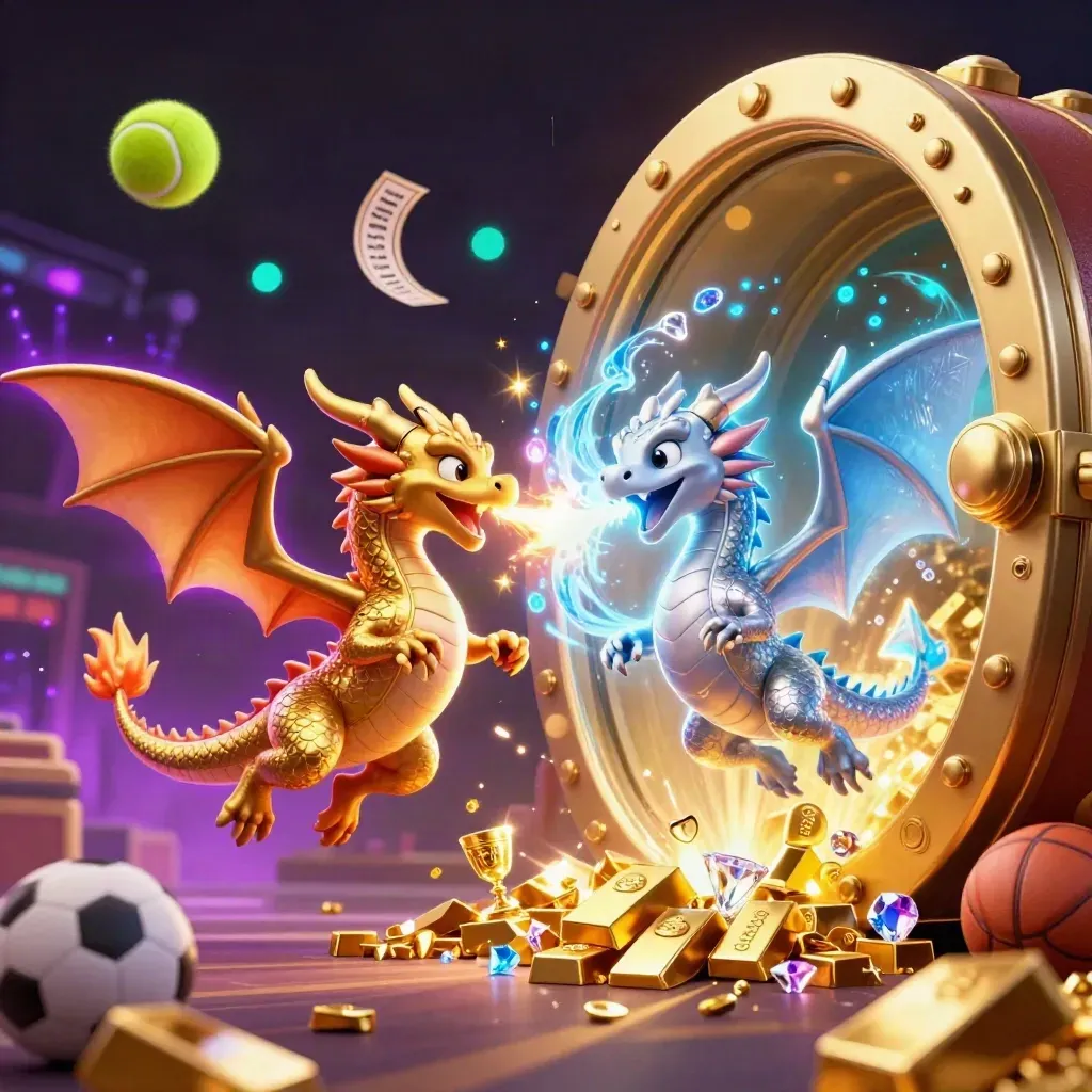 Gold and silver dragons spiral around a vault blast, with sports balls and gems in neon casino light.