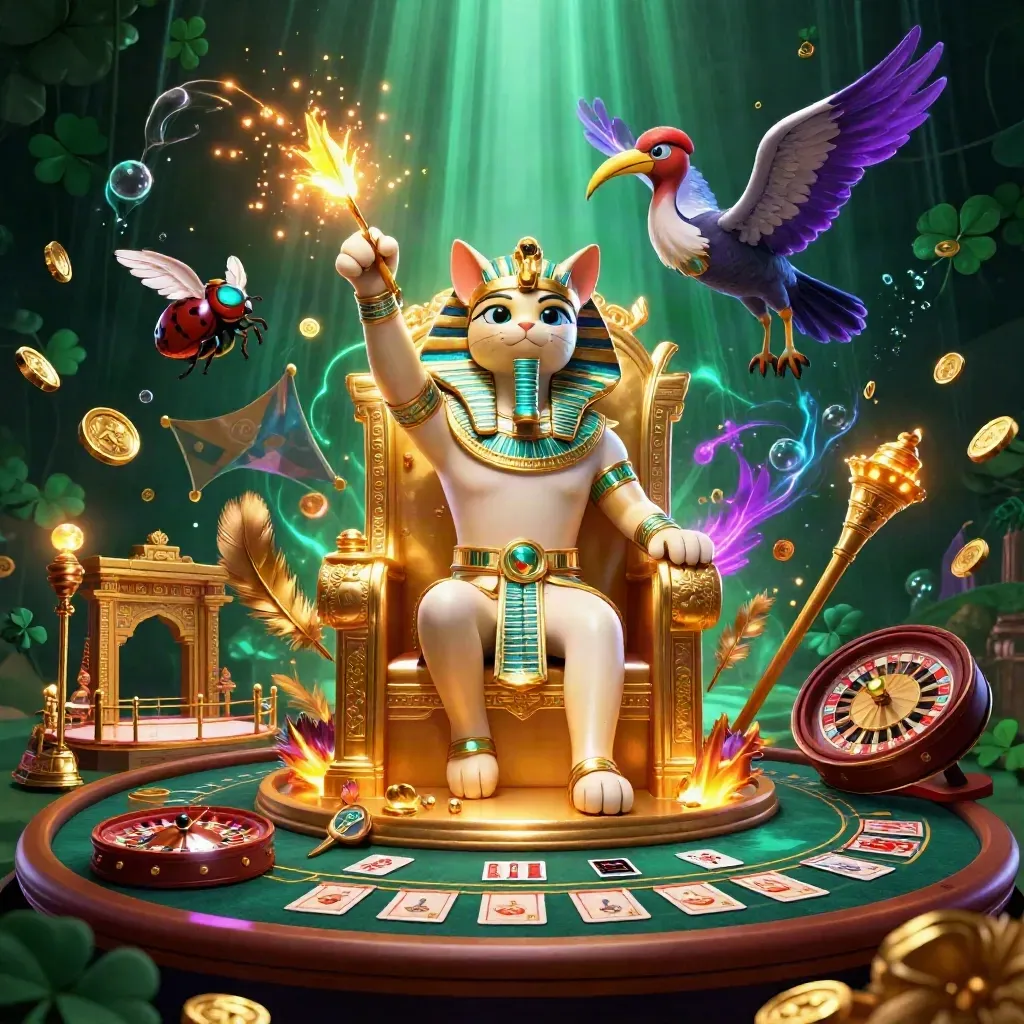 Pharaoh cat, ibis scribe and gem-wing scarabs amid casino treasures and neon god-rays.