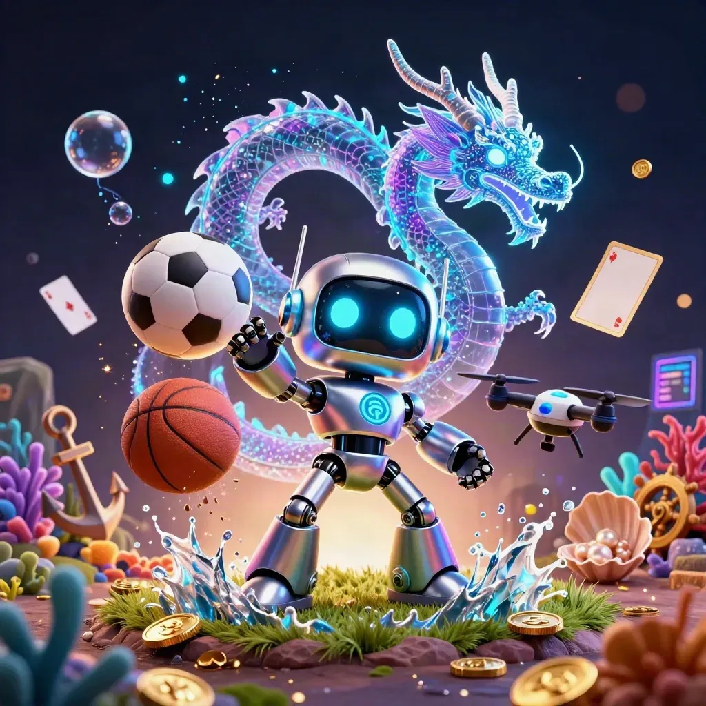 Robot mascot, holographic dragon, and drone amid flying balls, coins, coral, and glowing treasure lights.