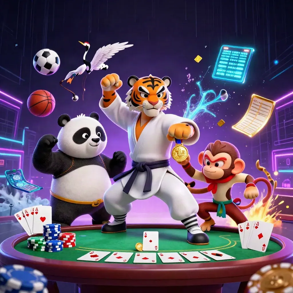 Kung-fu tiger, panda, and monkey amid casino props, neon grid, and flying sport balls.