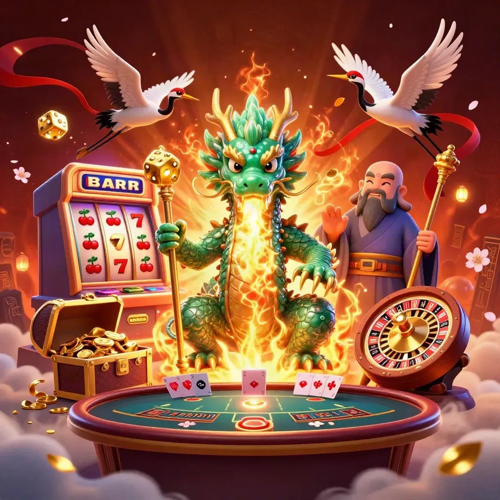 Jade dragon, turtle sage, and cranes amid casino magic, slot burst, gold, embers, and crimson glow.