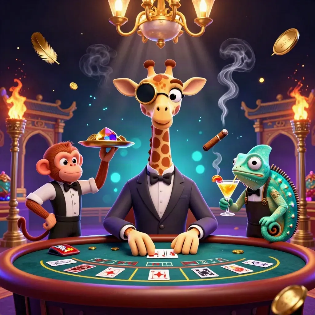 Giraffe, monkey, and chameleon in a neon casino with torch light, roulette, and gold accents.