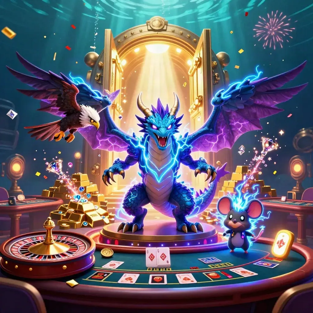 Dragon, hawk, and mouse amid vault light, gold, gems, confetti, and casino magic.