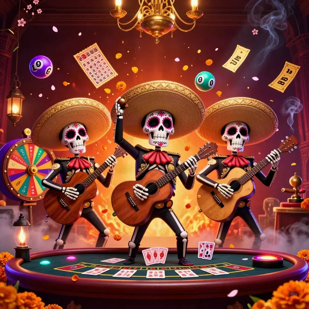 Skeleton mariachi trio amid casino lights, spinning wheel, lottery balls, petals, and ember glow.