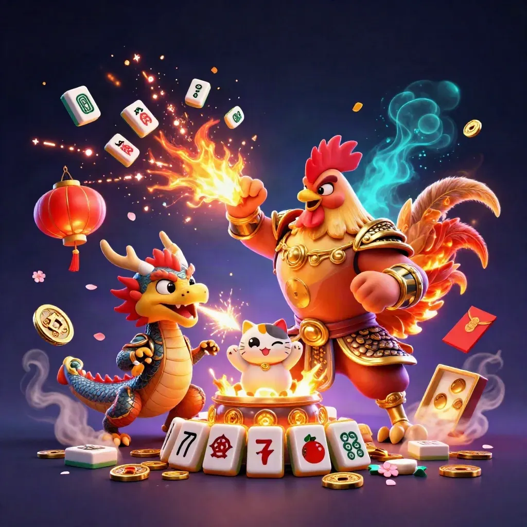 Rooster samurai, spark-breathing hatchling, and cheering fortune-cat amid casino treasure bursts.