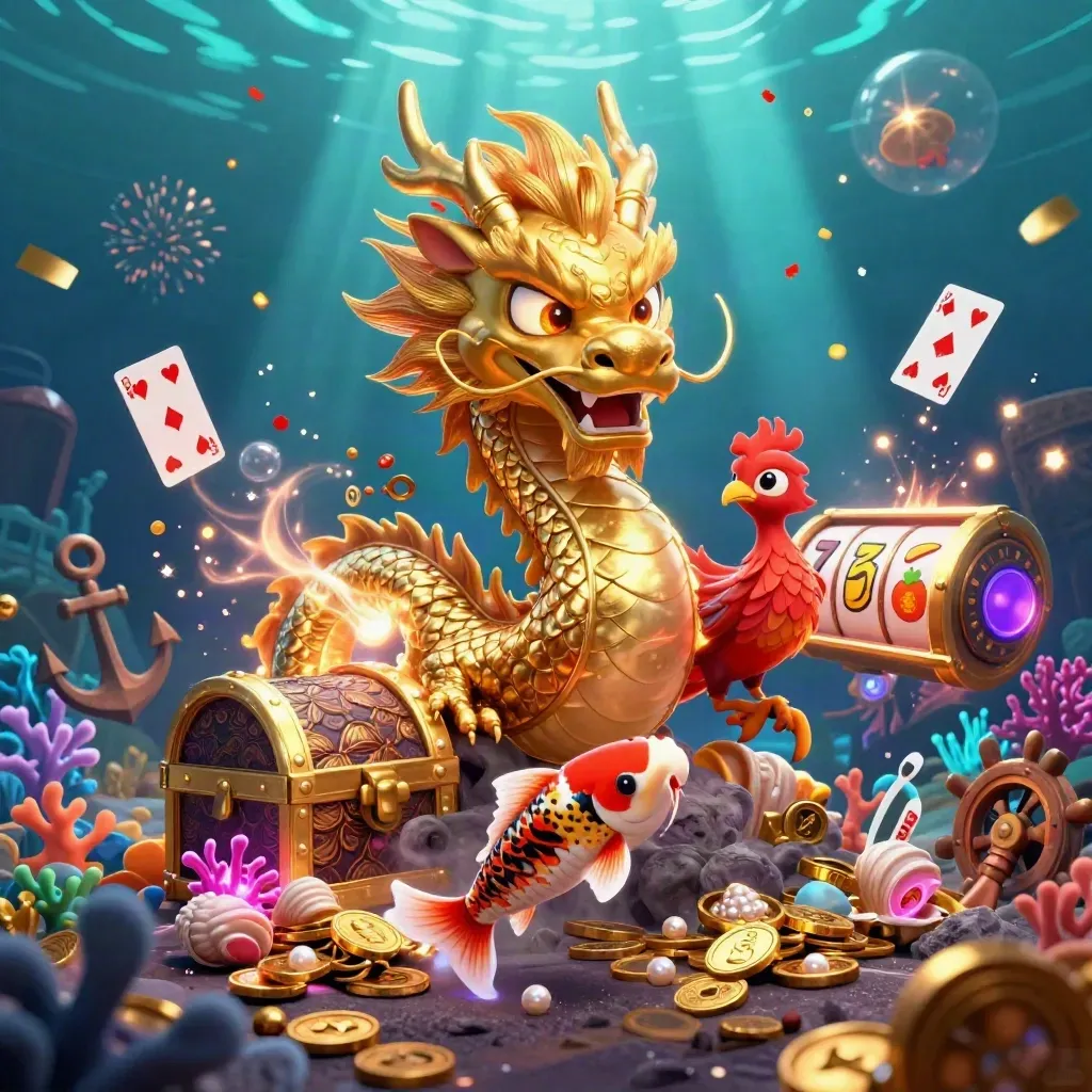 Golden dragon, phoenix, koi and treasure in a glowing underwater casino scene.