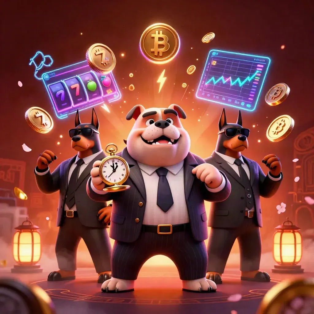 Cartoon bulldog boss with Doberman guards amid crypto coins, jackpots, petals, and glowing casino effects.