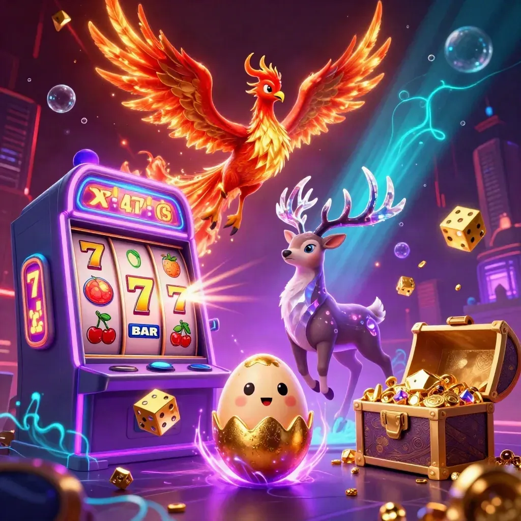 Phoenixes and a crystal stag erupt beside a glowing slot machine with gold and gems