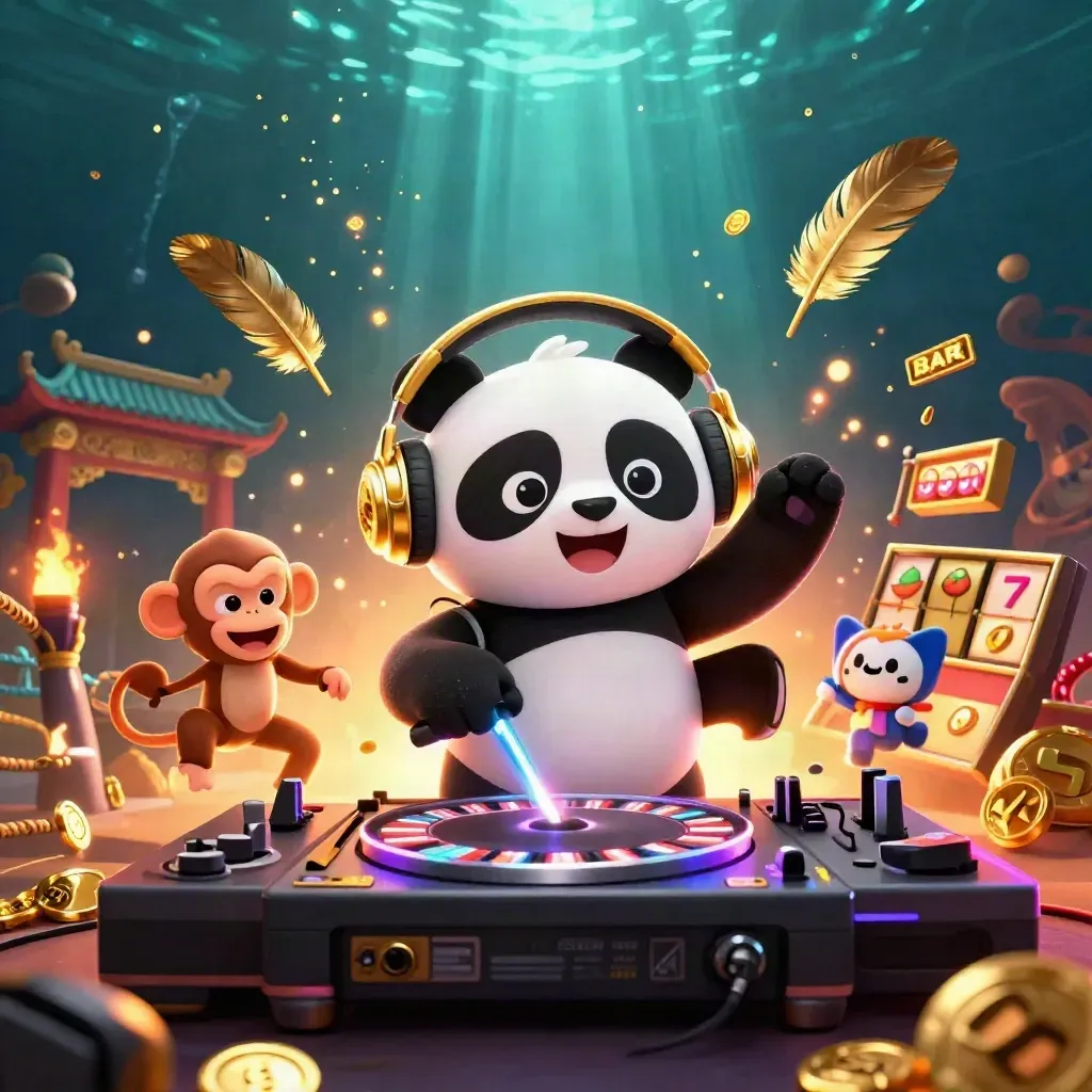 DJ panda, breakdancing monkey, and glow-stick kitten in neon casino chaos with gold treasure.
