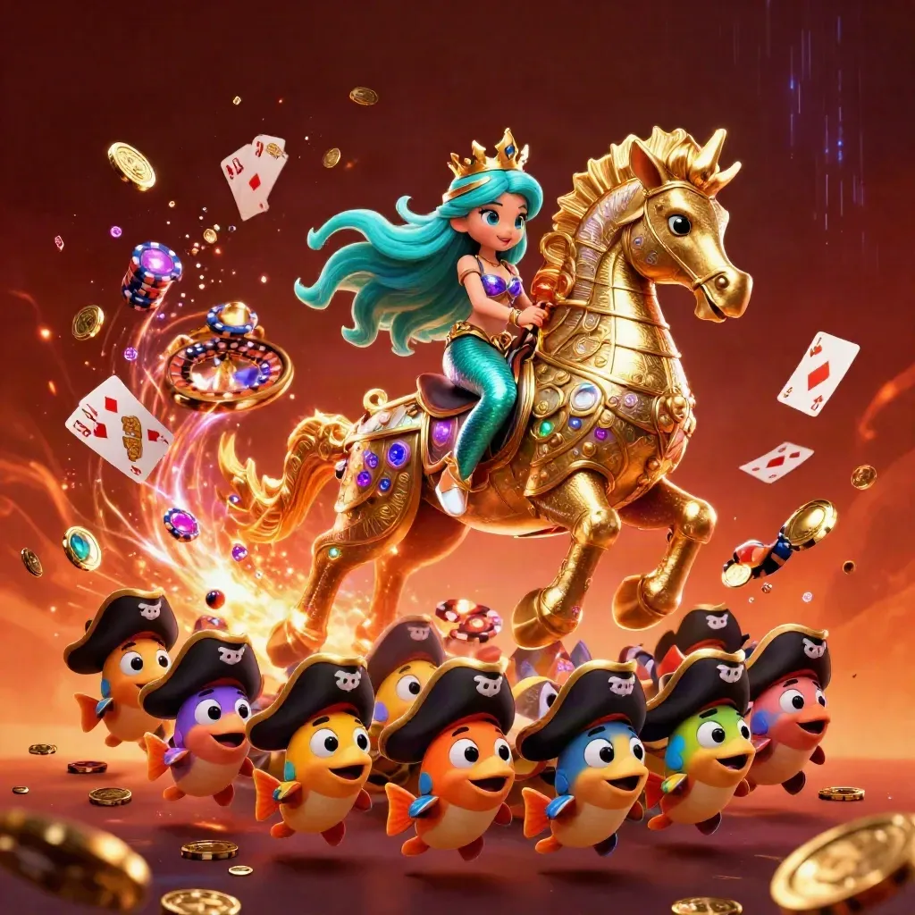 Mermaid princess on armored seahorse amid coins, gems, cards, chips and neon casino energy.
