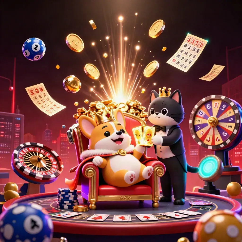 Royal corgi and cat butler amid casino treasure burst, coins, wheels, fireworks