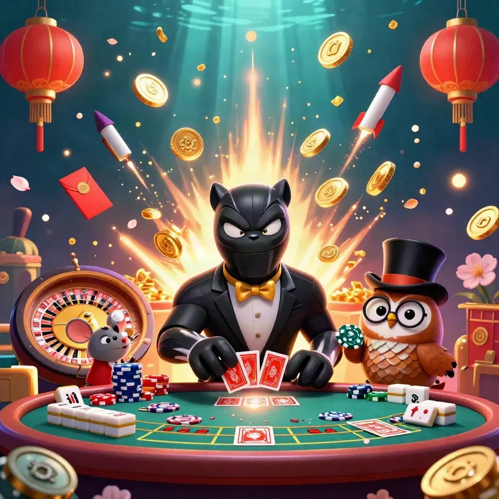 Panther, owl, and mouse amid coins, fireworks, lanterns, and casino tables in luxe neon fantasy.