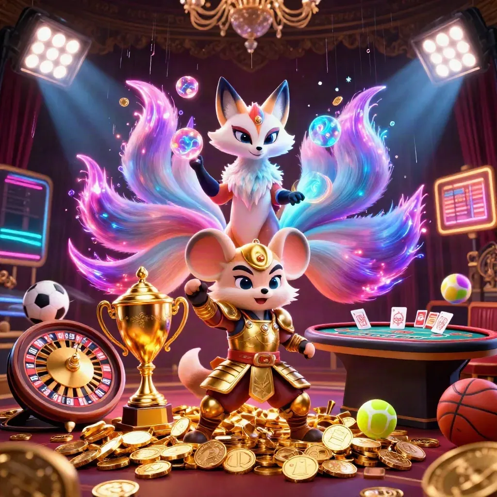 Neon fox spirit and samurai mouse amid coins, sports balls, trophy, roulette, fireworks, and casino glow.