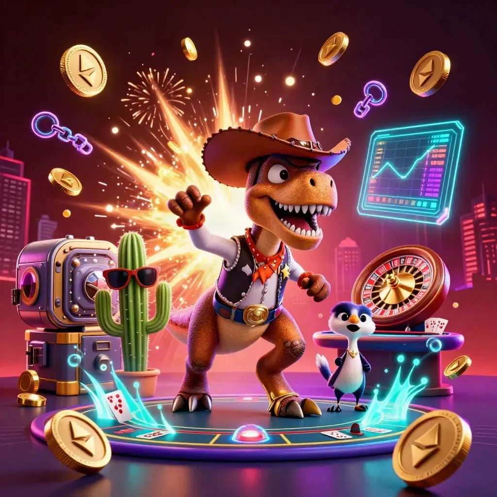 Cowboy T-Rex, cactus sidekick, and sheriff roadrunner amid coins, fireworks, and casino glow.