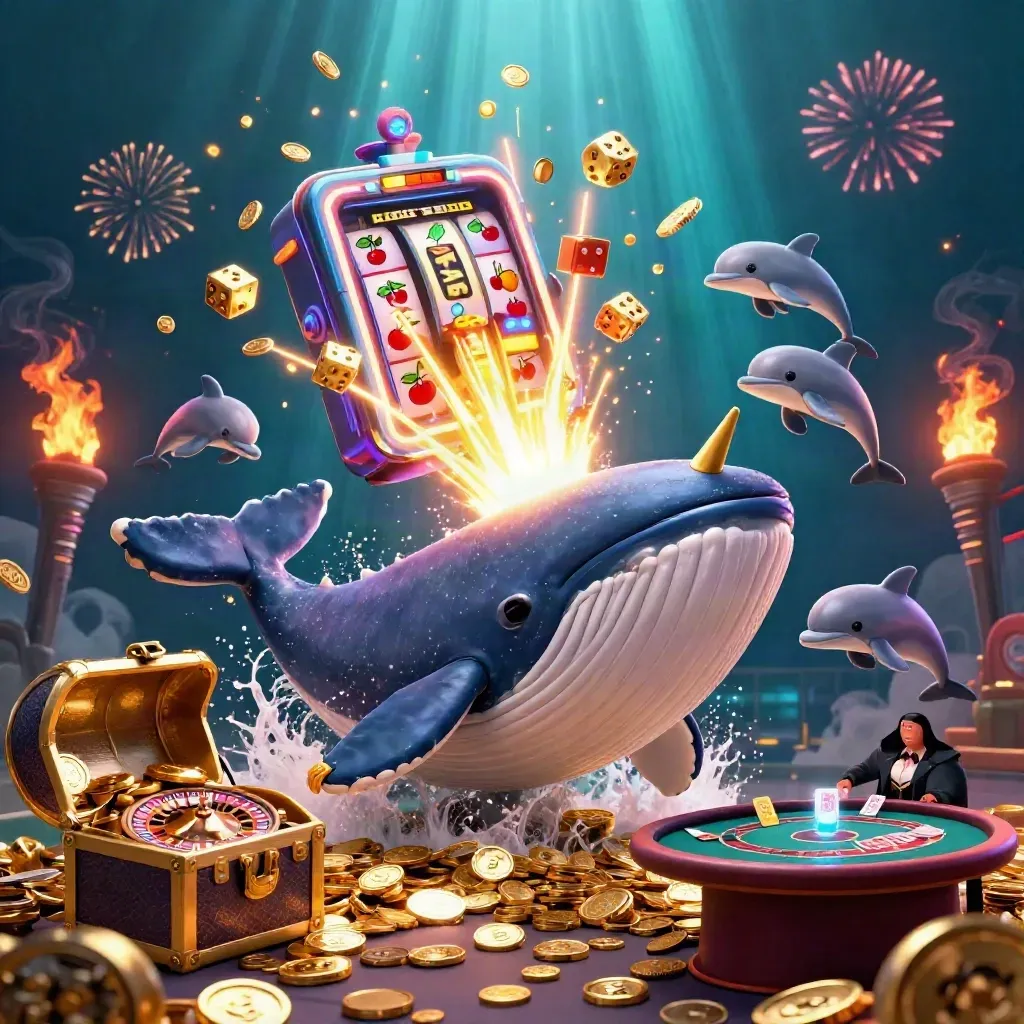 Whale, narwhal and dolphins burst through coins with slot reels and casino sparks.