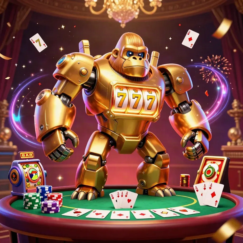 Golden gorilla slot-mech with tiny pilot amid chips, cards, reels and casino sparks