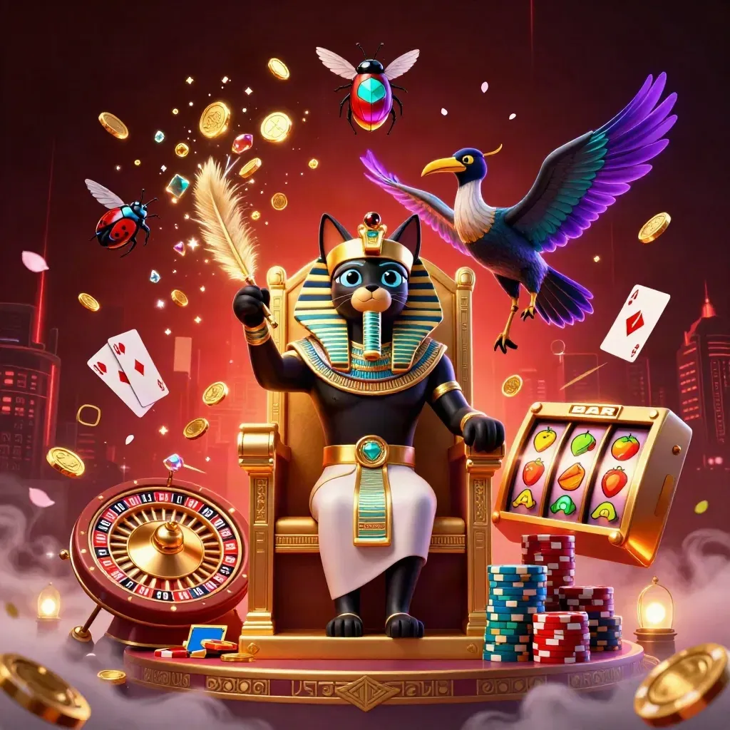 Pharaoh cat, ibis scribe, and gem-wing scarabs amid casino treasures on a dark luxe background.