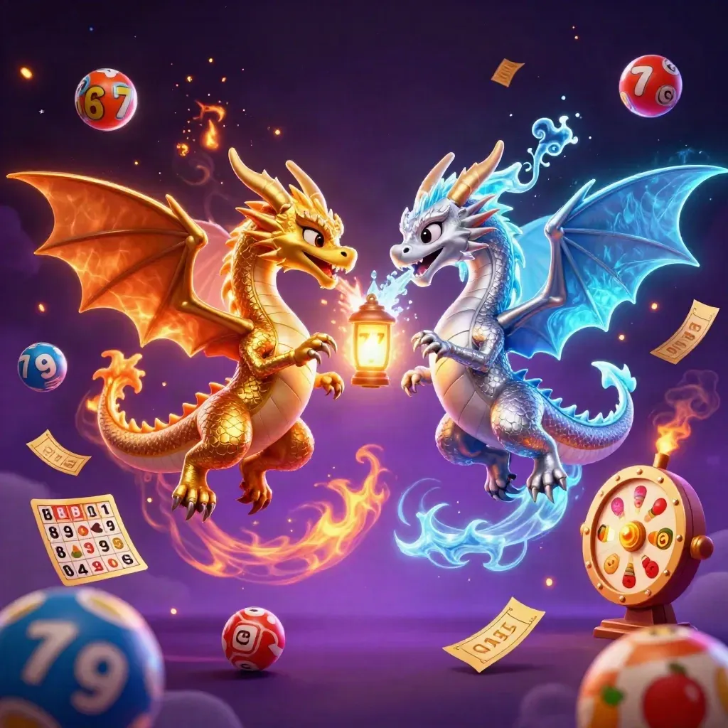 Gold and silver dragons spiral around a lantern spirit amid casino icons on a purple starfield.