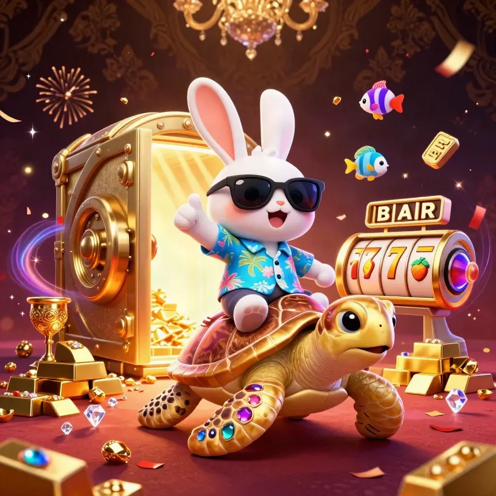 Lucky rabbit on golden sea turtle amid casino treasure, sparks, confetti, and dark luxe bokeh