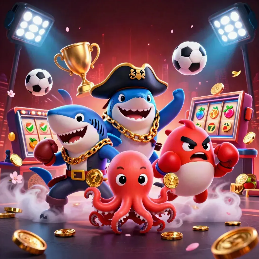 Pirate shark, boxing pufferfish, and juggling octopus amid casino lights and coins.