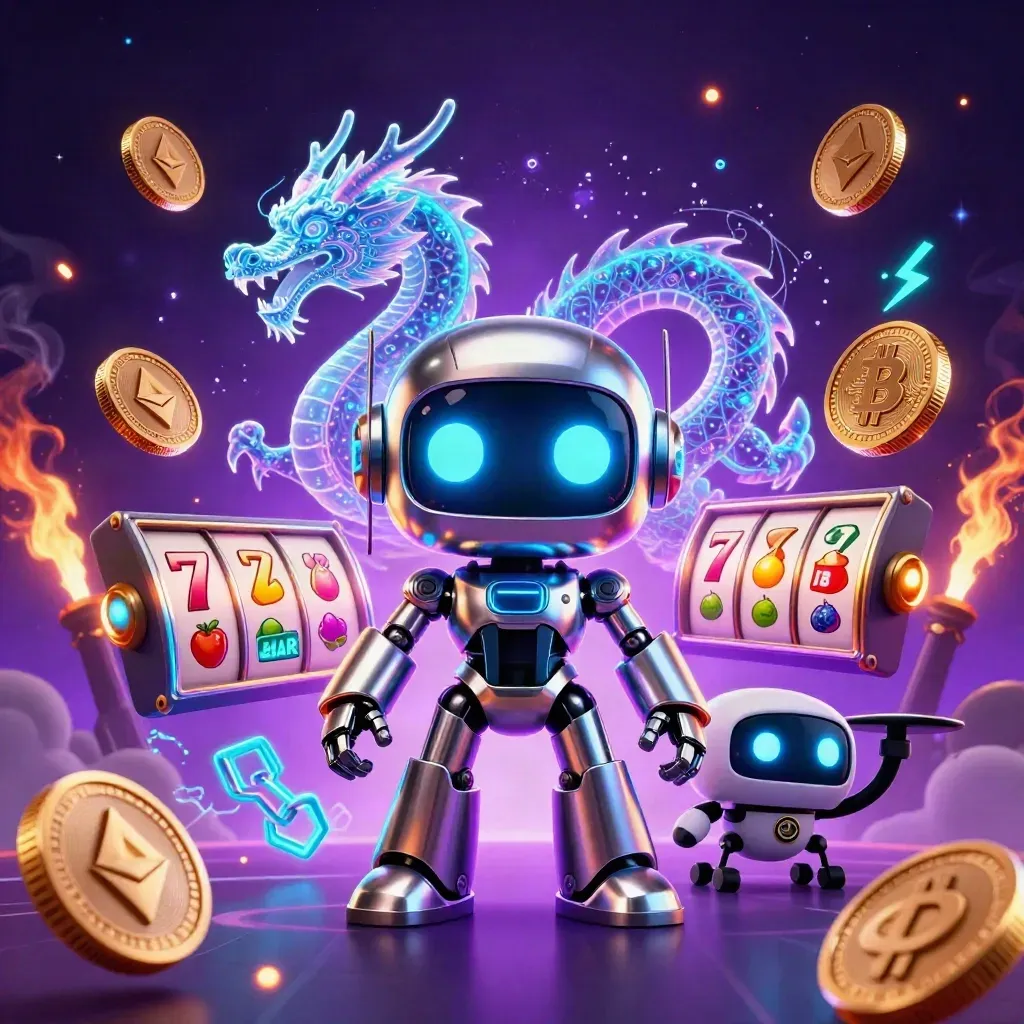 Chrome robot, holographic dragon, and coin drone amid casino symbols and neon energy.