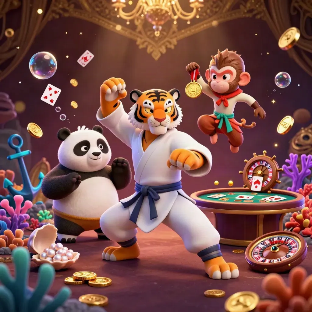 Kung-fu tiger, panda, and monkey amid casino treasure, coins, cards, roulette, and glowing effects.