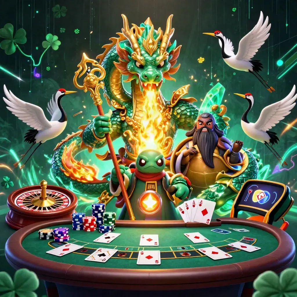Jade dragon, turtle sage, and cranes amid casino chips, cards, and glowing neon energy.